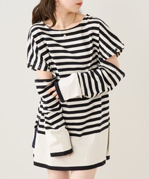 転換ボーダー肩ボタン開きロンT