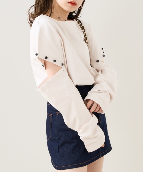 Chico（チコ）の「転換ボーダー肩ボタン開きロンT（Tシャツ/カットソー・レディース・ホワイト/ピンク/ホワイト系その他2/ピンク系その他2・FREE）」の9枚目の写真