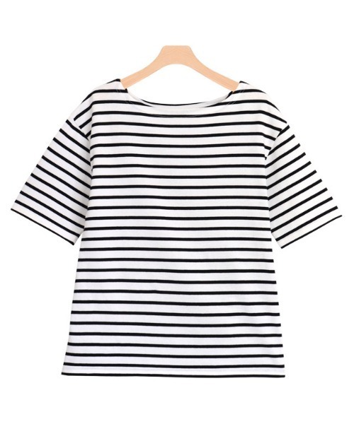 Pierrot（ピエロ）の「カラーボーダーTシャツ（Tシャツ/カットソー・レディース・ラベンダー/ホワイト×グリーン/ホワイト×ブラック/ホワイト×パープル・L/M）」の3枚目の写真