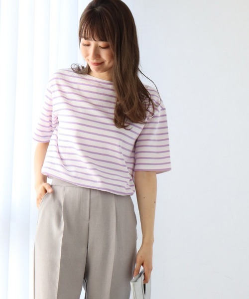 Pierrot（ピエロ）の「カラーボーダーTシャツ（Tシャツ/カットソー・レディース・ラベンダー/ホワイト×グリーン/ホワイト×ブラック/ホワイト×パープル・L/M）」の12枚目の写真