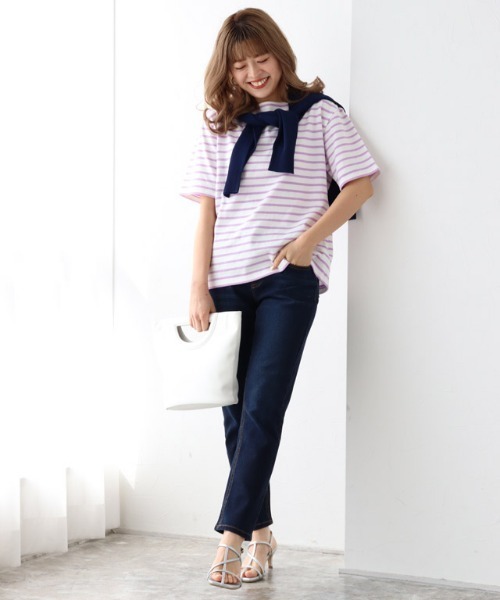 Pierrot（ピエロ）の「カラーボーダーTシャツ（Tシャツ/カットソー・レディース・ラベンダー/ホワイト×グリーン/ホワイト×ブラック/ホワイト×パープル・L/M）」の13枚目の写真