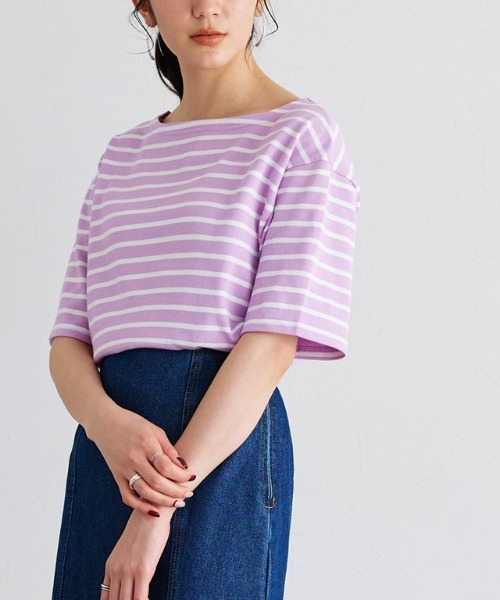 Pierrot（ピエロ）の「カラーボーダーTシャツ（Tシャツ/カットソー・レディース・ラベンダー/ホワイト×グリーン/ホワイト×ブラック/ホワイト×パープル・L/M）」の19枚目の写真