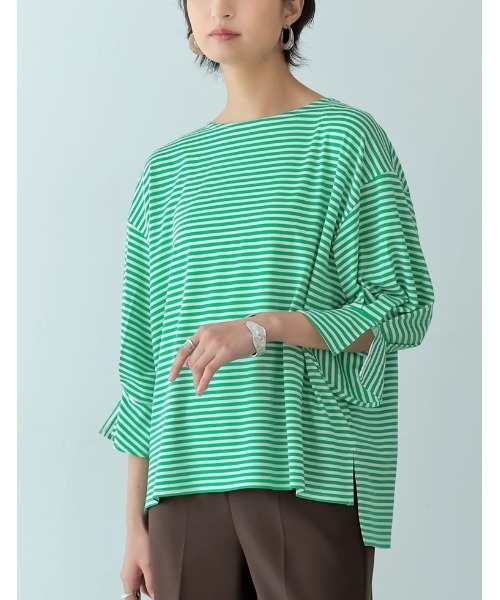Re:EDIT(リエディ)の「ボーダー&無地キャンディースリーブカットソー(Tシャツ/カットソー・レディース・ホワイト/ブラック/ブラック系その他/グレー系その他/グリーン系その他・MEDIUM/LARGE)」の1枚目の写真