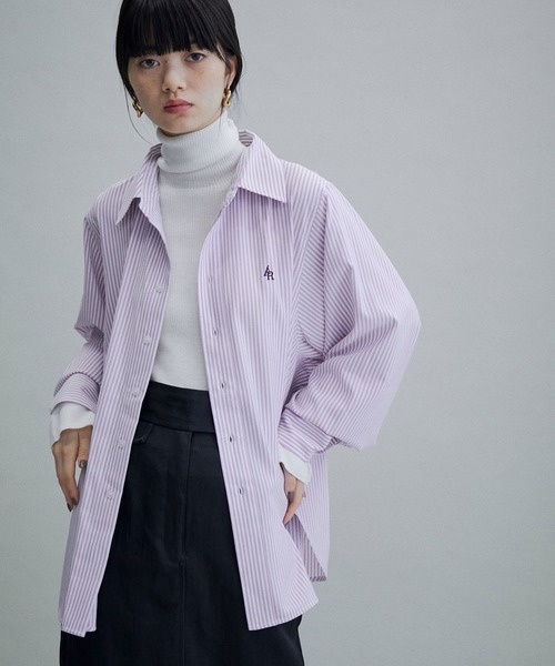 美品 アダムエロペ ワイドスリーブ刺繍シャツ ストライプ オーバー