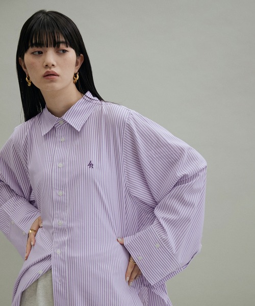 美品 アダムエロペ ワイドスリーブ刺繍シャツ ストライプ オーバーサイズ 美品 アダムエロペ ワイドスリーブ刺繍シャツ ストライプ オーバー