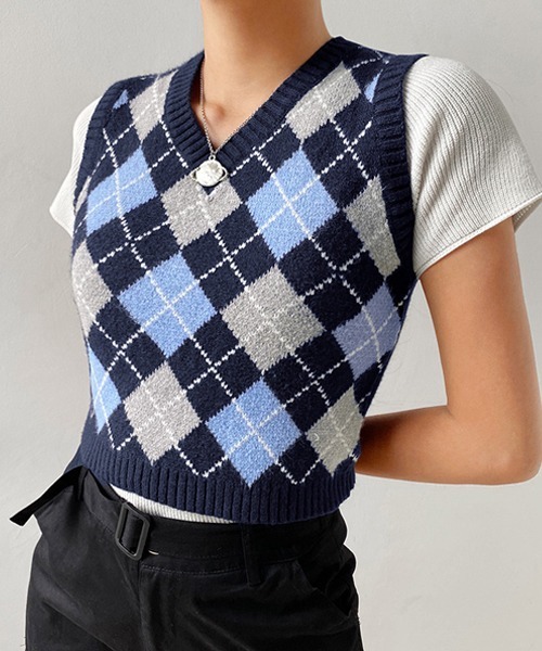 Ressaca（レサーカ）の「ショート丈 Vネック アーガイルチェック柄