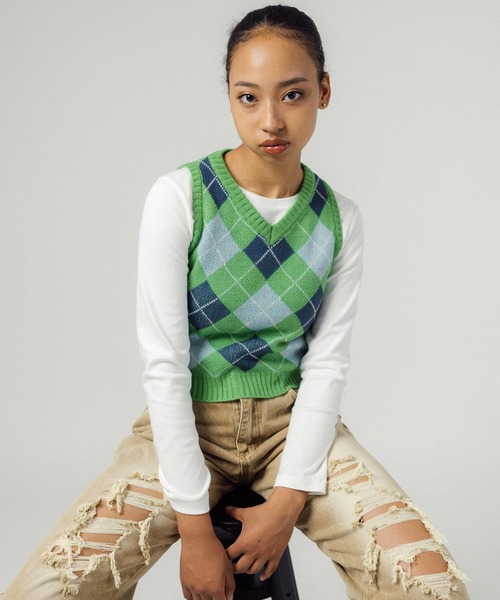 Ressaca（レサーカ）の「ショート丈 Vネック アーガイルチェック柄