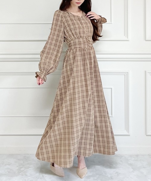 MIIA（ミーア）の「パフスリーブチェックマキシワンピース（ワンピース・レディース・ブラウン/グリーン/モカ・FREE）」の13枚目の写真
