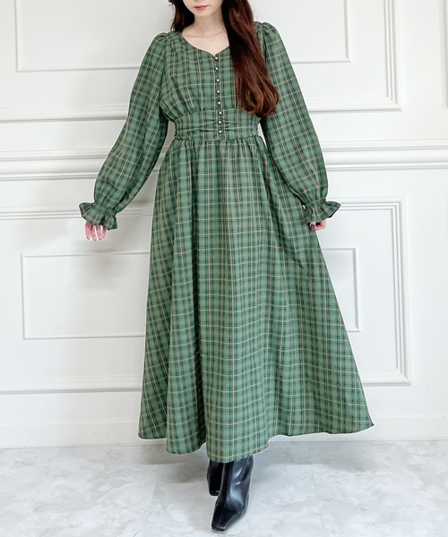MIIA（ミーア）の「パフスリーブチェックマキシワンピース（ワンピース・レディース・ブラウン/グリーン/モカ・FREE）」の5枚目の写真