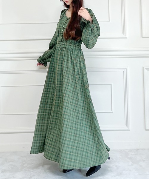 MIIA（ミーア）の「パフスリーブチェックマキシワンピース（ワンピース・レディース・ブラウン/グリーン/モカ・FREE）」の10枚目の写真