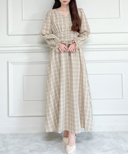 MIIA（ミーア）の「パフスリーブチェックマキシワンピース（ワンピース・レディース・ブラウン/グリーン/モカ・FREE）」の8枚目の写真