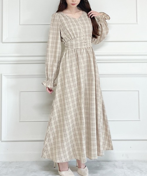 MIIA（ミーア）の「パフスリーブチェックマキシワンピース（ワンピース・レディース・ブラウン/グリーン/モカ・FREE）」の7枚目の写真