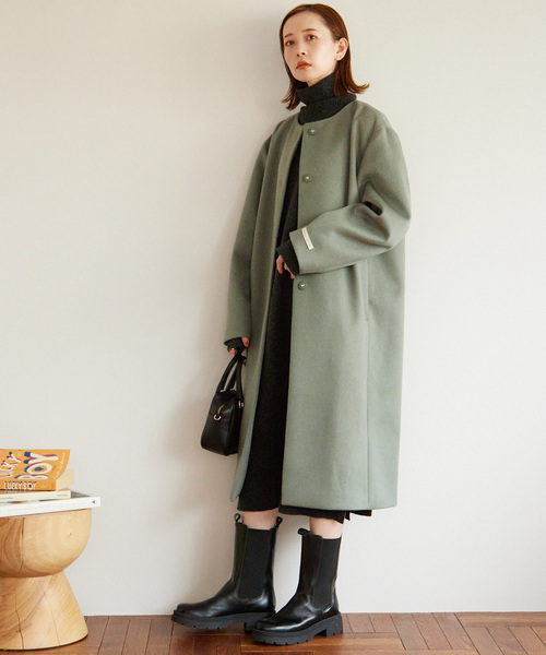 セール】□別注LANA WOOL 140 クルーネックコート（ノーカラーコート