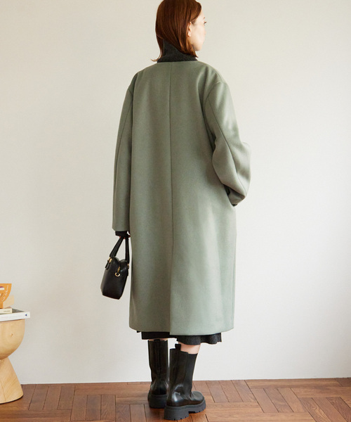 セール】□別注LANA WOOL 140 クルーネックコート（ノーカラーコート