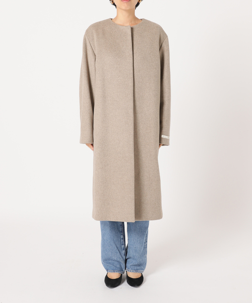 セール】□別注LANA WOOL 140 クルーネックコート（ノーカラーコート
