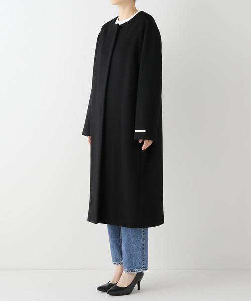 セール】□別注LANA WOOL 140 クルーネックコート（ノーカラーコート