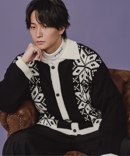 ジャガードライン襟付きニットカーディガン（カーディガン/ボレロ