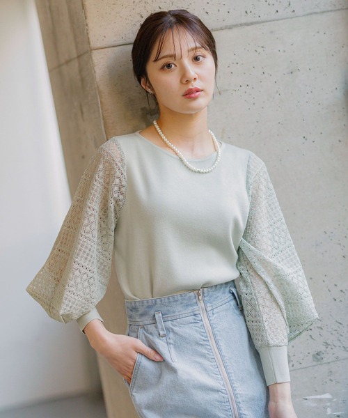 Andemiu（アンデミュウ）の「レーススリーブニット187554（ニット/セーター・レディース・オフホワイト/ブラック/グレー/パープル/ライトブルー/ピンク/ネイビー/ミント/ライトグレー/ライトピンク・FREE）」の5枚目の写真