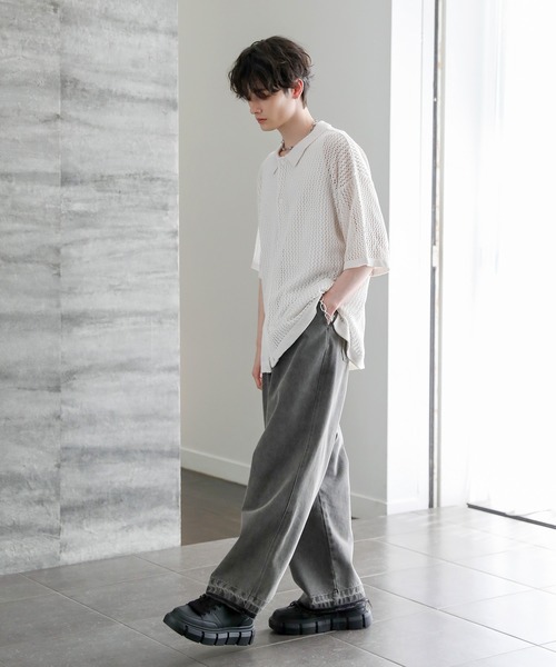 セール】クロシェメッシュ編みシアーサマーニットシャツ（シャツ