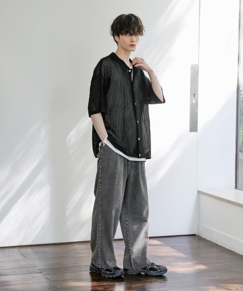 セール】クロシェメッシュ編みシアーサマーニットシャツ（シャツ