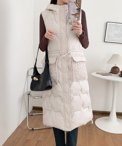 ABITOKYO（アビトーキョー）の「ボアポケット中綿フーディロングベスト（ダウンベスト・レディース・アイボリー/ブラック/ベージュ・FREE）」の9枚目の写真