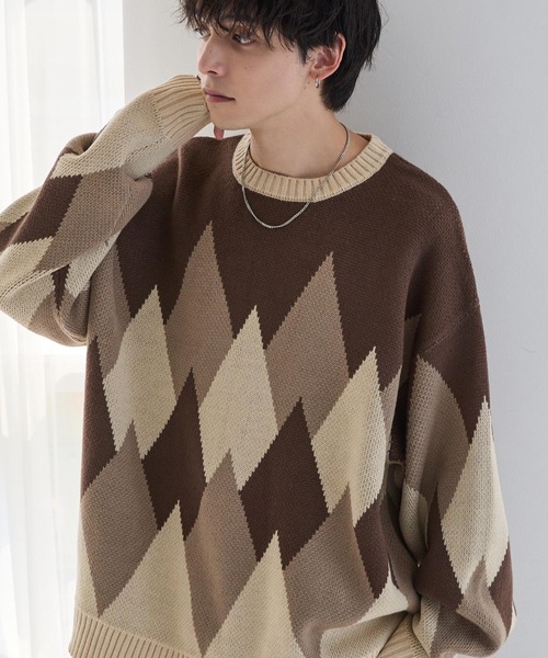 MONO-MART(モノマート)の「<ウォッシャブル> ジャガード ルーズクルーネックニット(ニット/セーター・メンズ・ブラック/ワイン/ライトブルー/チャコール/グレー/グレイッシュベージュ/アイボリー/ブラック系/ブルー系/ブラック系1/ブラック系2/ブラウン系/ブルー系1/ブラック系3/ブラック系4/グレー系/ダークブラウン/ベージュ系/ネイビー系・L/M/S)」の14枚目の写真