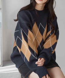 <ウォッシャブル> ジャガード ルーズクルーネックニットネイビー系