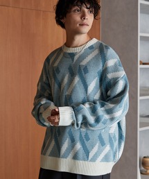 <ウォッシャブル> ジャガード ルーズクルーネックニットブルー系1