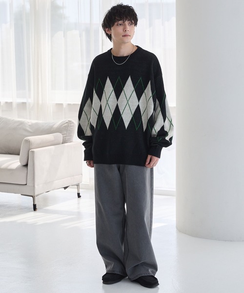 ウォッシャブル> ジャガード ルーズクルーネックニット MONO-MART