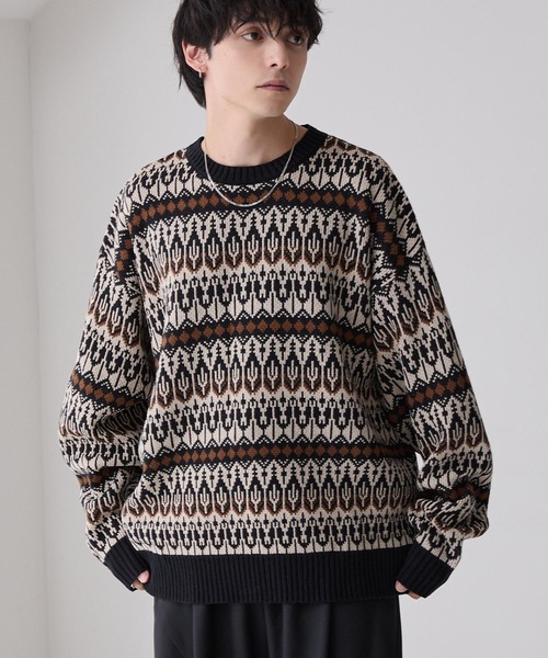 ウォッシャブル> ジャガード ルーズクルーネックニット(ニット ウォッシャブル> ジャガード ルーズクルーネックニット(ニット