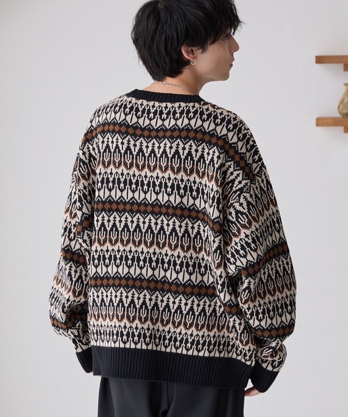 セール】<ウォッシャブル> ジャガード ルーズクルーネックニット