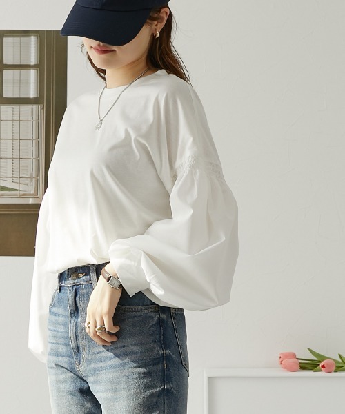 nissen(ニッセン)の「異素材切替パフスリーブカットソー(Tシャツ/カットソー・レディース・オフホワイト/ブラック・M/LL/S/L)」の11枚目の写真