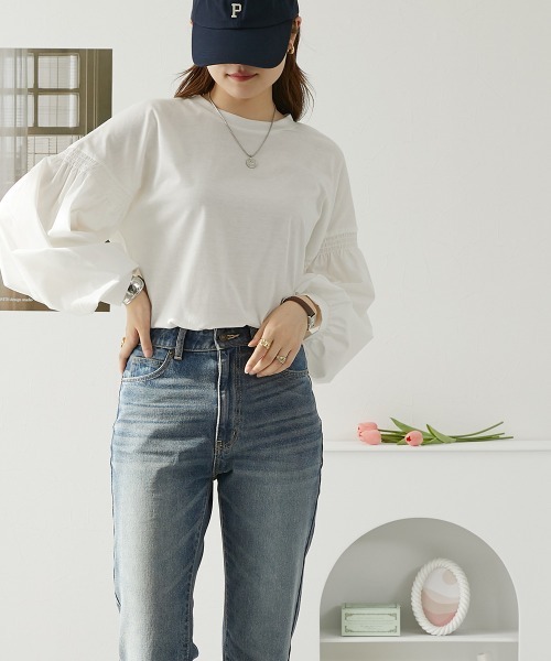 美品 DRAWER 異素材切り替え パフスリーブ 半袖カットソー SLY | PUFF SLEEVE CUT トップス (Tシャツ・カットソー(半袖