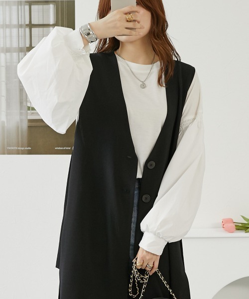 nissen(ニッセン)の「異素材切替パフスリーブカットソー(Tシャツ/カットソー・レディース・オフホワイト/ブラック・M/LL/S/L)」の3枚目の写真