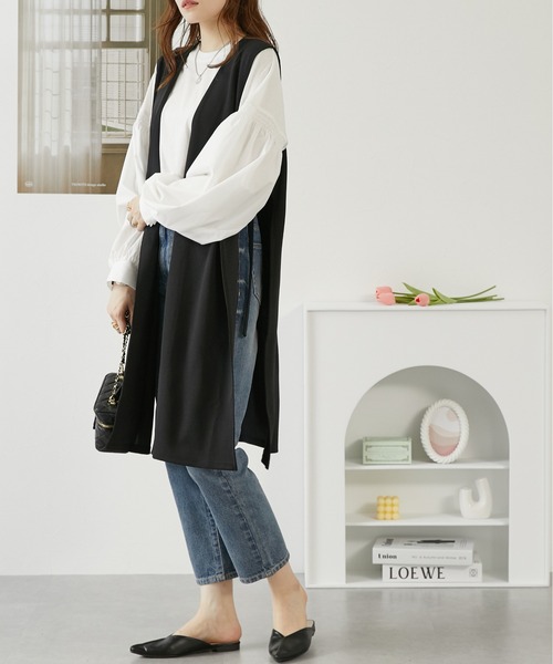 nissen(ニッセン)の「異素材切替パフスリーブカットソー(Tシャツ/カットソー・レディース・オフホワイト/ブラック・M/LL/S/L)」の4枚目の写真