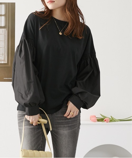 美品 DRAWER 異素材切り替え パフスリーブ 半袖カットソー SLY | PUFF SLEEVE CUT トップス (Tシャツ・カットソー(半袖