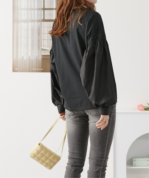 異素材切替パフスリーブカットソー（Tシャツ/カットソー