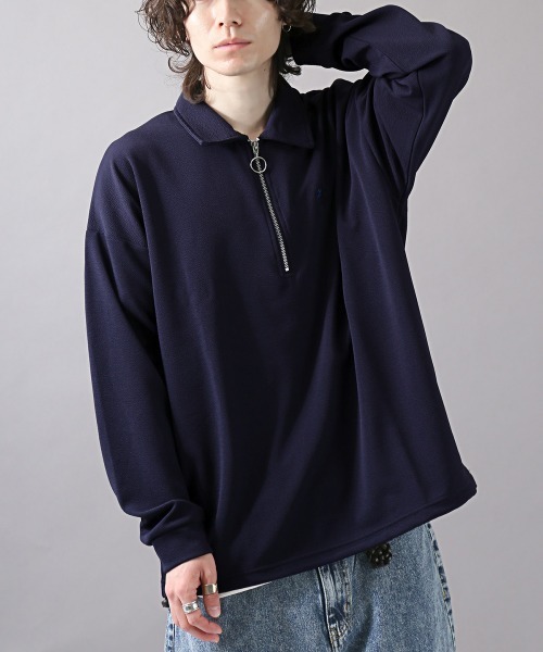 LUXSTYLE(ラグスタイル)の「薔薇刺繍入り膨れジャガードハーフジップロンT(Tシャツ/カットソー・メンズ・ネイビー/ブラック/ホワイト・L/M)」の1枚目の写真