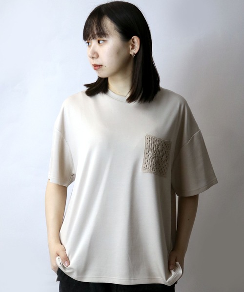 Starting Over(スターティングオーバー)の「crochet pocket double knit T-shirt/接触冷感 クロシェ編み ポケット ダンボールニット クルーネック半袖Tシャツ(Tシャツ/カットソー・メンズ・ブラック/ベージュ/ホワイト・M/L/XL)」の3枚目の写真
