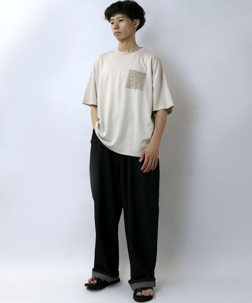 セール】crochet pocket double knit T-shirt/接触冷感 クロシェ編み
