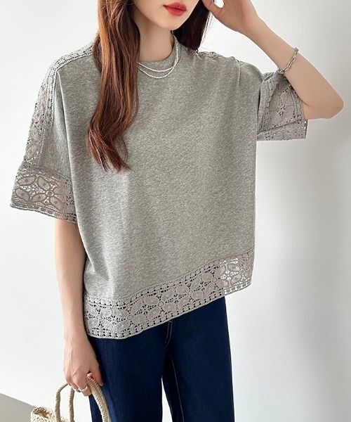 COCOMOMO(ココモモ)の「夏も涼しい レーススリーブカットソー(Tシャツ/カットソー・レディース・ライトブルー/ブラック/ホワイト/ピンク/ライトブラウン/グレー・FREE)」の3枚目の写真