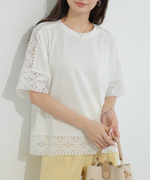 COCOMOMO(ココモモ)の「夏も涼しい レーススリーブカットソー(Tシャツ/カットソー・レディース・ライトブルー/ブラック/ホワイト/ピンク/ライトブラウン/グレー・FREE)」の1枚目の写真