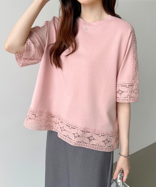 COCOMOMO(ココモモ)の「夏も涼しい レーススリーブカットソー(Tシャツ/カットソー・レディース・ライトブルー/ブラック/ホワイト/ピンク/ライトブラウン/グレー・FREE)」の6枚目の写真