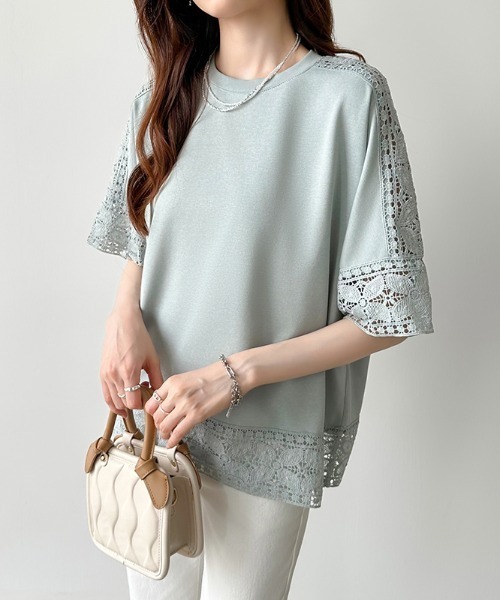 COCOMOMO(ココモモ)の「夏も涼しい レーススリーブカットソー(Tシャツ/カットソー・レディース・ライトブルー/ブラック/ホワイト/ピンク/ライトブラウン/グレー・FREE)」の5枚目の写真