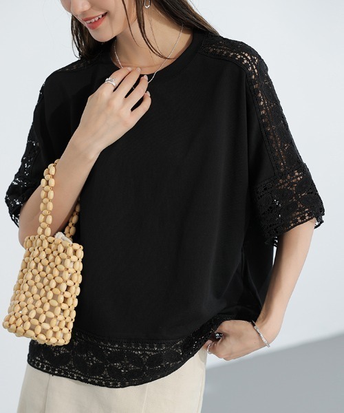 COCOMOMO(ココモモ)の「夏も涼しい レーススリーブカットソー(Tシャツ/カットソー・レディース・ライトブルー/ブラック/ホワイト/ピンク/ライトブラウン/グレー・FREE)」の2枚目の写真