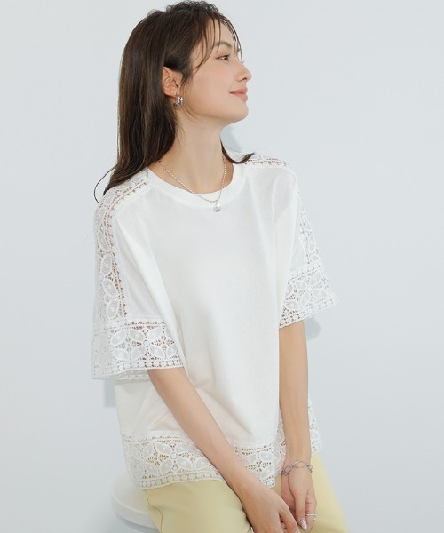 COCOMOMO(ココモモ)の「夏も涼しい レーススリーブカットソー(Tシャツ/カットソー・レディース・ライトブルー/ブラック/ホワイト/ピンク/ライトブラウン/グレー・FREE)」の7枚目の写真