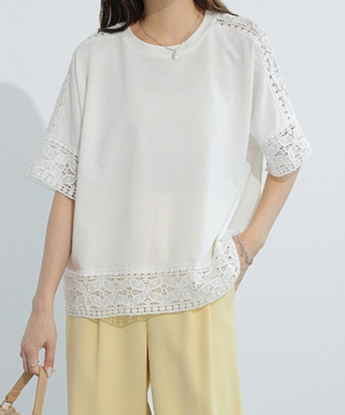 COCOMOMO(ココモモ)の「夏も涼しい レーススリーブカットソー(Tシャツ/カットソー・レディース・ライトブルー/ブラック/ホワイト/ピンク/ライトブラウン/グレー・FREE)」の8枚目の写真