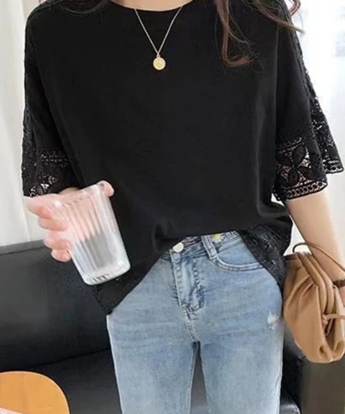 COCOMOMO(ココモモ)の「夏も涼しい レーススリーブカットソー(Tシャツ/カットソー・レディース・ライトブルー/ブラック/ホワイト/ピンク/ライトブラウン/グレー・FREE)」の17枚目の写真