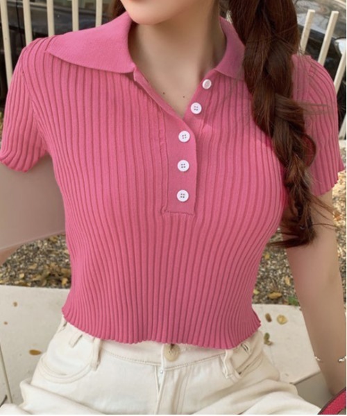 Chick(チック)の「KNIT POLO / ニットポロ(ポロシャツ・レディース・グレー/ブラック/ホワイト/ピンク/オレンジ/ブルー・FREE)」の6枚目の写真