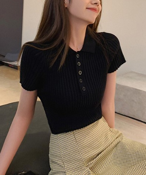 Chick(チック)の「KNIT POLO / ニットポロ(ポロシャツ・レディース・グレー/ブラック/ホワイト/ピンク/オレンジ/ブルー・FREE)」の3枚目の写真